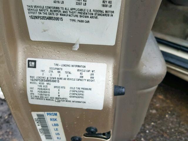 1G2NF52E54M539615 - 2004 PONTIAC GRAND AM S Ոսկեգույն լուսանկար 10