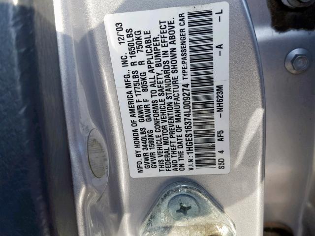 1HGES16374L009274 - 2004 HONDA CIVIC DX V SILVER photo 10