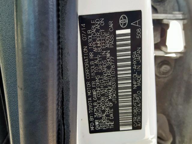 JTDKDTB31E1078777 - 2014 TOYOTA PRIUS C Ağ foto 10