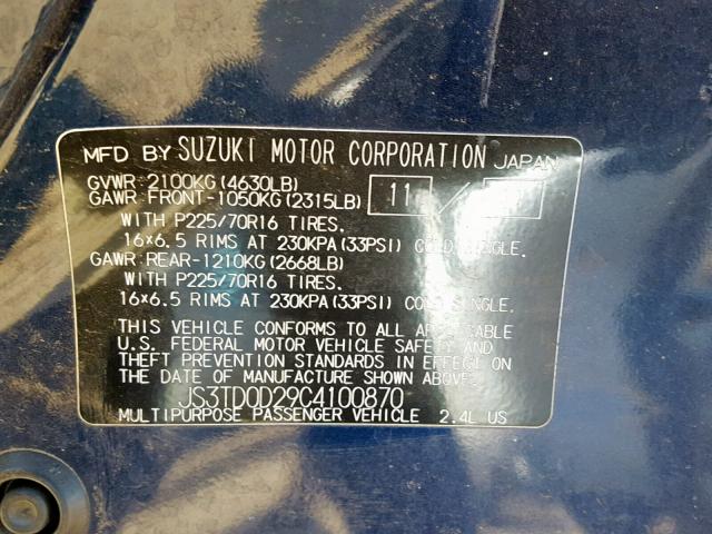 JS3TD0D29C4100870 - 2012 SUZUKI GRAND VITA BLUE photo 10