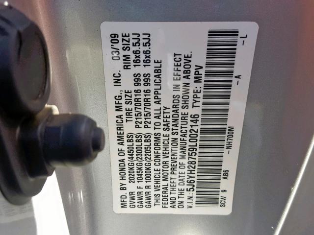 5J6YH28759L002146 - 2009 HONDA ELEMENT EX SILVER photo 10