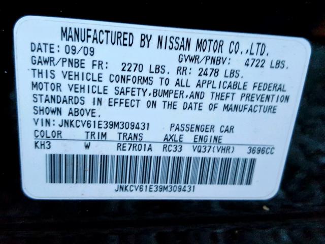 JNKCV61E39M309431 - 2009 INFINITI G37 BASE BLACK photo 10