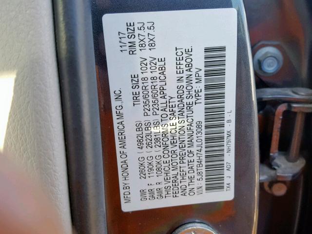 5J8TB4H74JL013089 - 2018 ACURA RDX ADVANC GRAY photo 10