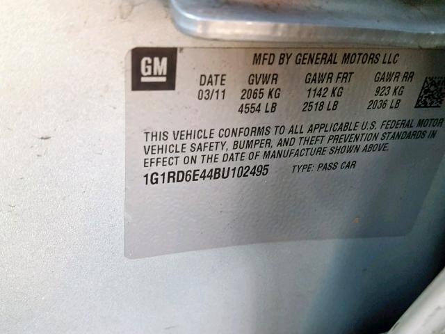 1G1RD6E44BU102495 - 2011 CHEVROLET VOLT SILVER photo 10