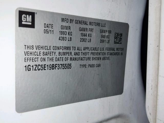 1G1ZC5E19BF375505 - 2011 CHEVROLET MALIBU 1LT 白色 照片 10