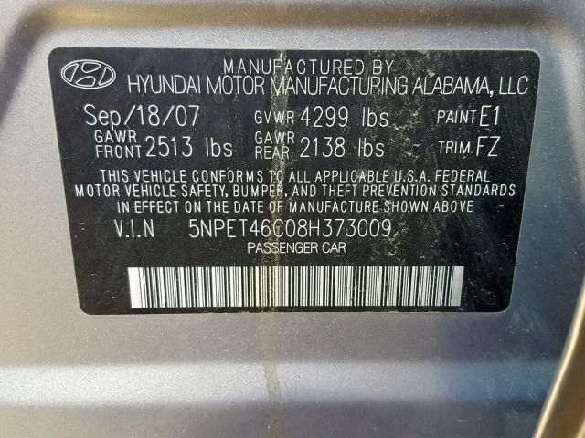 5NPET46C08H373009 - 2008 HYUNDAI SONATA GLS GRAY photo 10