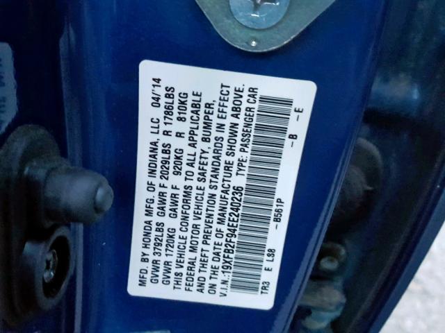 19XFB2F94EE240236 - 2014 HONDA CIVIC EXL BLUE photo 10