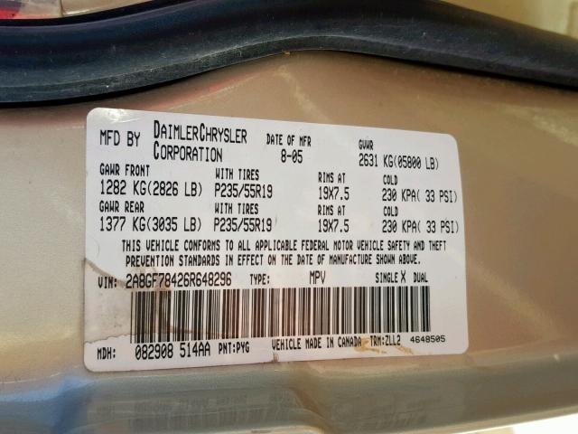 2A8GF78426R648296 - 2006 CHRYSLER PACIFICA L TAN photo 10