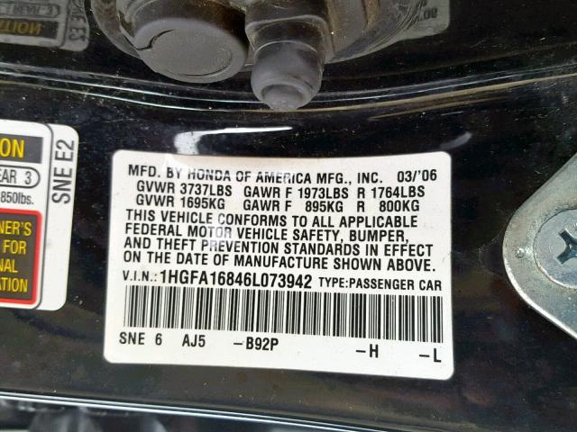 1HGFA16846L073942 - 2006 HONDA CIVIC EX BLACK photo 10