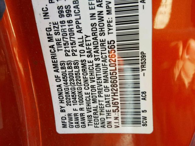 5J6YH28605L026565 - 2005 HONDA ELEMENT EX ORANGE photo 10