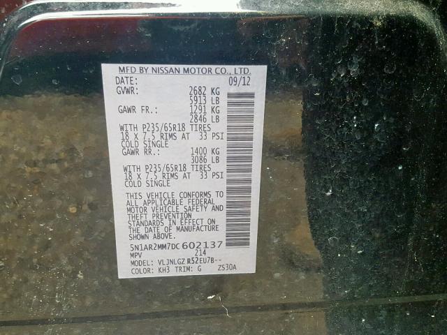 5N1AR2MM7DC602137 - 2013 NISSAN PATHFINDER 黑色 照片 10