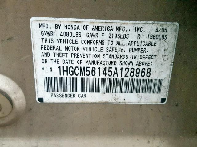 1HGCM56145A128968 - 2005 HONDA ACCORD DX GOLD photo 10