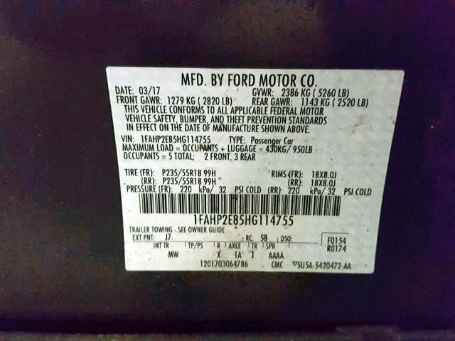 1FAHP2E85HG114755 - 2017 FORD TAURUS SEL GRAY photo 10