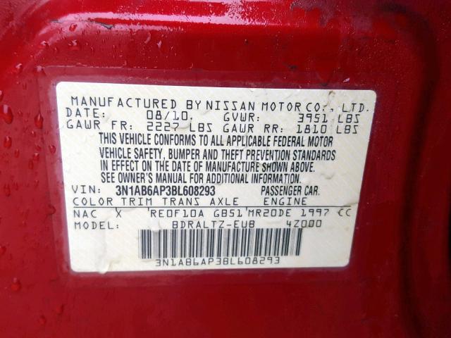 3N1AB6AP3BL608293 - 2011 NISSAN SENTRA 2.0 RED photo 10