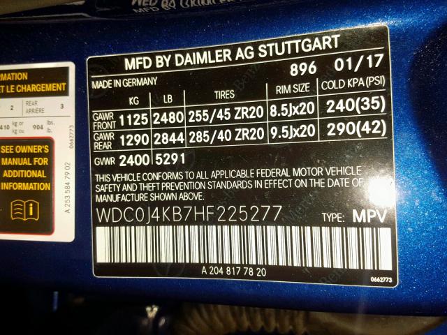 WDC0J4KB7HF225277 - 2017 MERCEDES-BENZ GLC COUPE BLUE photo 10