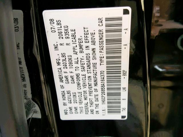 1HGCP26858A164370 - 2008 HONDA ACCORD EXL BLACK photo 10