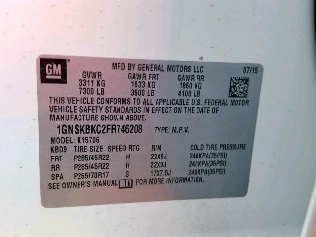 1GNSKBKC2FR746208 - 2015 CHEVROLET TAHOE K150 WHITE photo 10