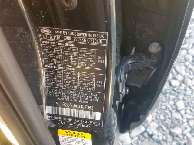 SALFR2BN0AH187983 - 2010 LAND ROVER LR2 HSE შავი ფოტო 10