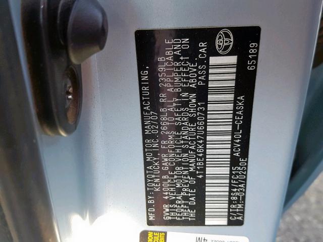 4T1BE46K47U660731 - 2007 TOYOTA CAMRY NEW BLUE photo 10