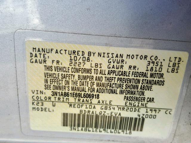 3N1AB61E69L606918 - 2009 NISSAN SENTRA 2.0 SILVER photo 10