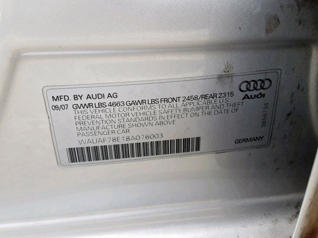 WAUAF78E18A076003 - 2008 AUDI A4 2.0T SILVER photo 10