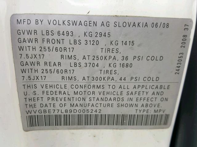 WVGBE77L89D005242 - 2009 VOLKSWAGEN TOUAREG 2 WHITE photo 10