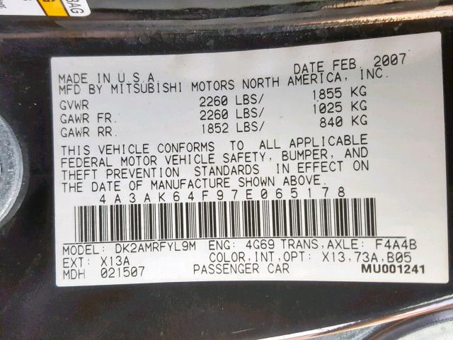 4A3AK64F97E065178 - 2007 MITSUBISHI ECLIPSE ES BLACK photo 10