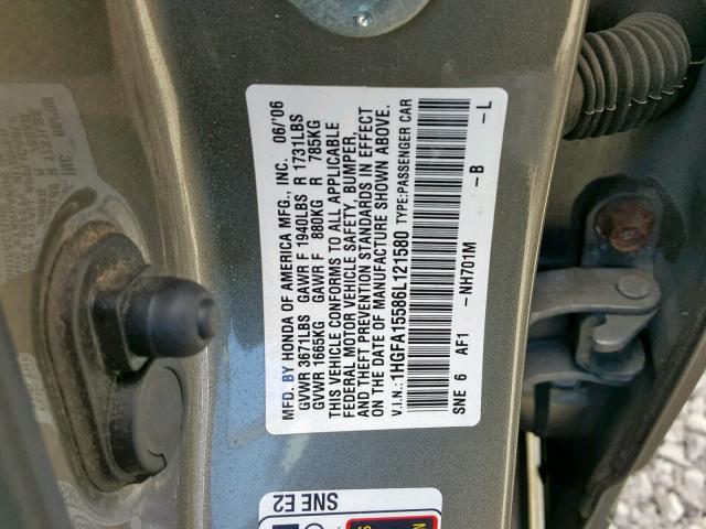 1HGFA15586L121580 - 2006 HONDA CIVIC LX GRAY photo 10