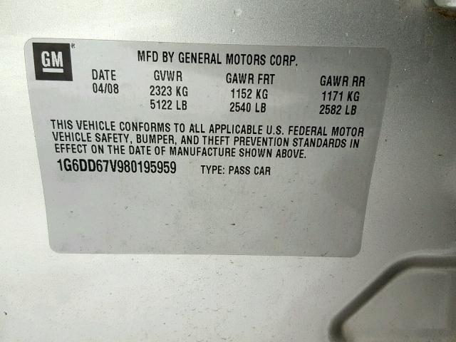 1G6DD67V980195959 - 2008 CADILLAC STS GRAY photo 10