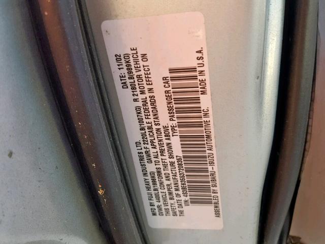 4S3BE635537208357 - 2003 SUBARU LEGACY L SILVER photo 10