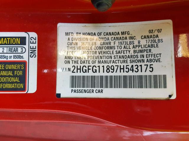 2HGFG11897H543175 - 2007 HONDA CIVIC EX RED photo 10