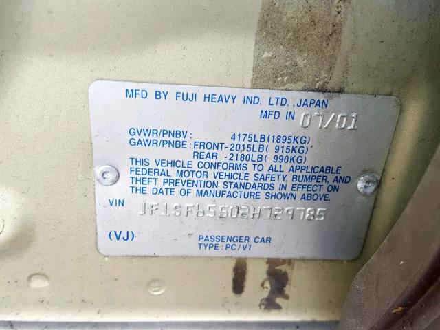 JF1SF65502H729785 - 2002 SUBARU FORESTER S ოქროსფერი ფოტო 10