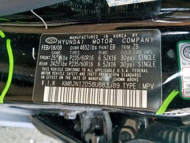 KM8JN12D58U883489 - 2008 HYUNDAI TUCSON SE BLACK photo 10