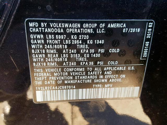 1V2LR2CA4JC587014 - 2018 VOLKSWAGEN ATLAS SE BLACK photo 10