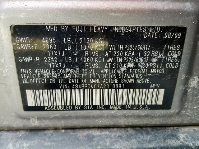 4S4BRDKC7A2318891 - 2010 SUBARU OUTBACK 3. GRAY photo 10