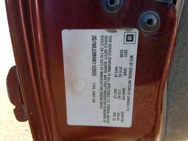 2G1WL52M4W1122655 - 1998 CHEVROLET LUMINA BAS 勃艮第红 照片 10