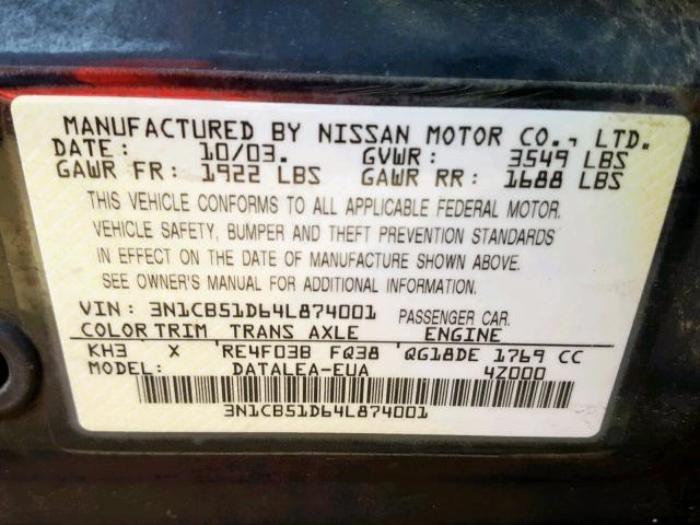 3N1CB51D64L874001 - 2004 NISSAN SENTRA 1.8 BLACK photo 10