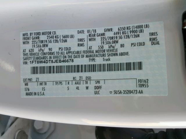 1FT8W4DT8JEB46678 - 2018 FORD F450 SUPER თეთრი ფოტო 10