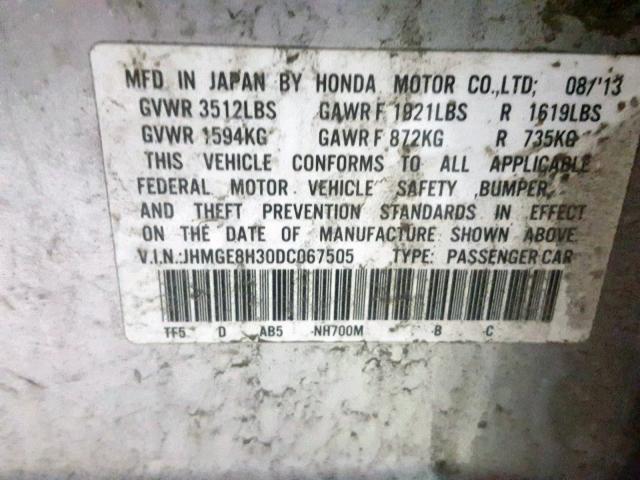 JHMGE8H30DC067505 - 2013 HONDA FIT SILVER photo 10