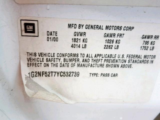 1G2NF52T7YC532739 - 2000 PONTIAC GRAND AM S WHITE photo 10