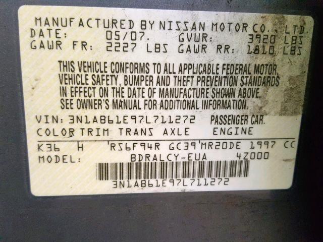 3N1AB61E97L711272 - 2007 NISSAN SENTRA 2.0 SILVER photo 10