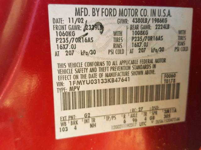 1FMYU03133KB47641 - 2003 FORD ESCAPE XLT RED photo 10