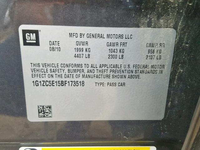 1G1ZC5E15BF173518 - 2011 CHEVROLET MALIBU 1LT CHARCOAL photo 10