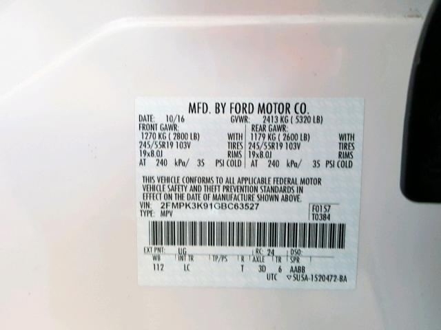 2FMPK3K91GBC63527 - 2016 FORD EDGE TITAN WHITE photo 10