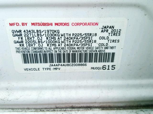 JA4AP4AU8CZ008866 - 2012 MITSUBISHI OUTLANDER WHITE photo 10