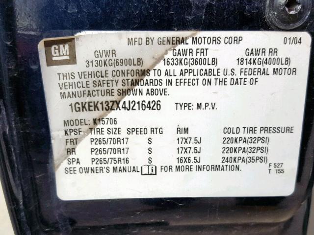 1GKEK13ZX4J216426 - 2004 GMC YUKON BLUE photo 10