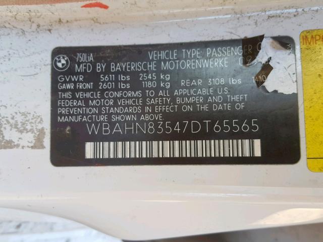 WBAHN83547DT65565 - 2007 BMW 750 WHITE photo 10