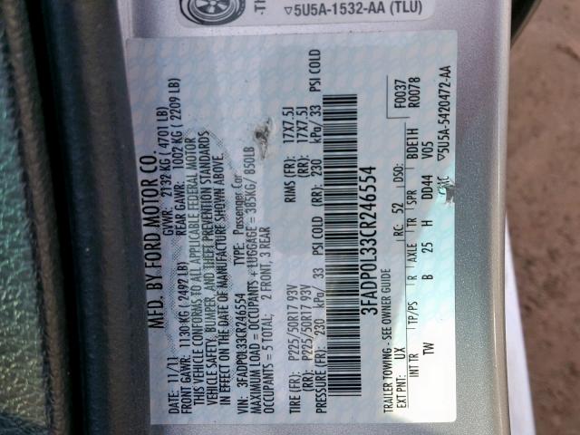 3FADP0L33CR246554 - 2012 FORD FUSION HYB SILVER photo 10