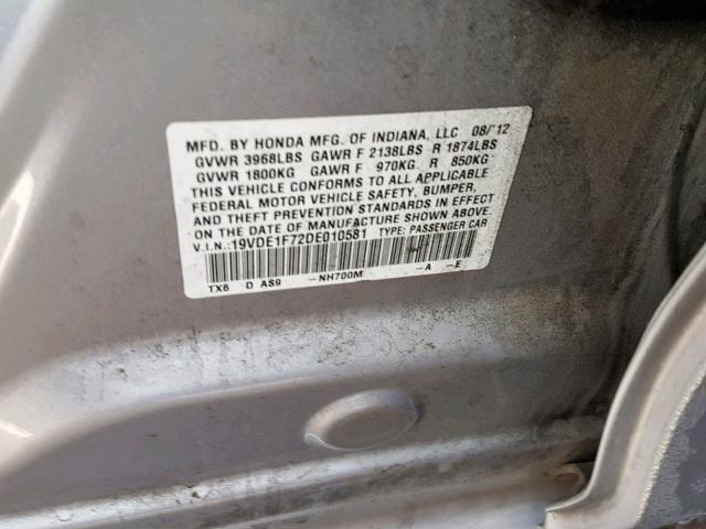 19VDE1F72DE010581 - 2013 ACURA ILX 20 TEC SILVER photo 10