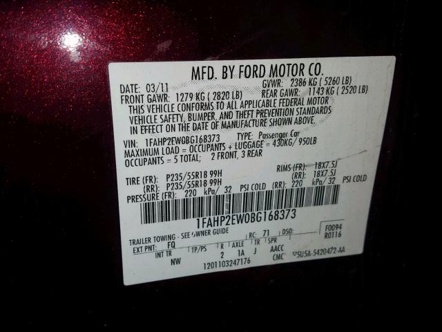 1FAHP2EW0BG168373 - 2011 FORD TAURUS SEL PURPLE photo 10